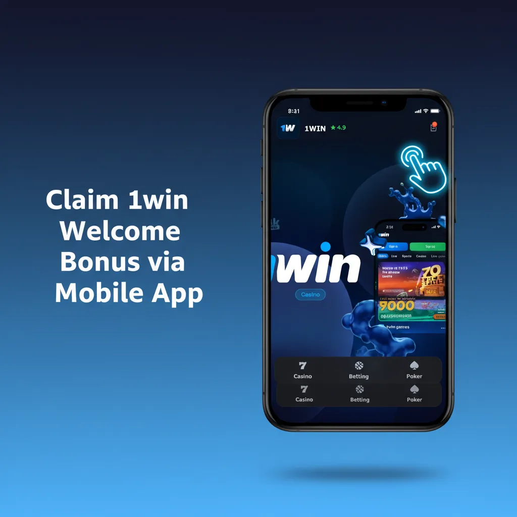 Mobile showing 1win Android/iOS app steps to claim welcome bonus: install, sign in, pick promo, deposit 300 PKR
