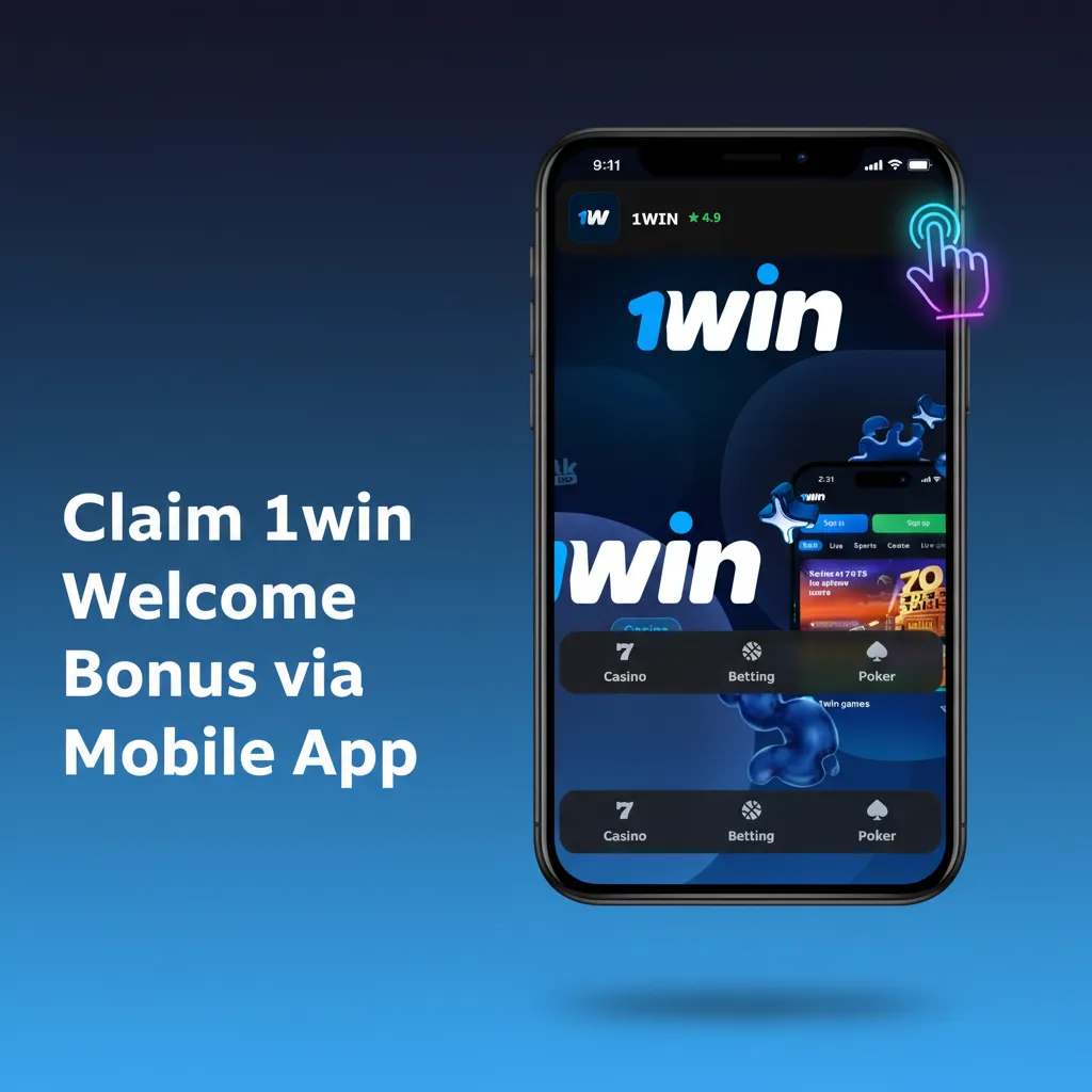 Smartphone showing 1win app screens with steps to register, deposit 500 BDT, and activate the welcome bonus.