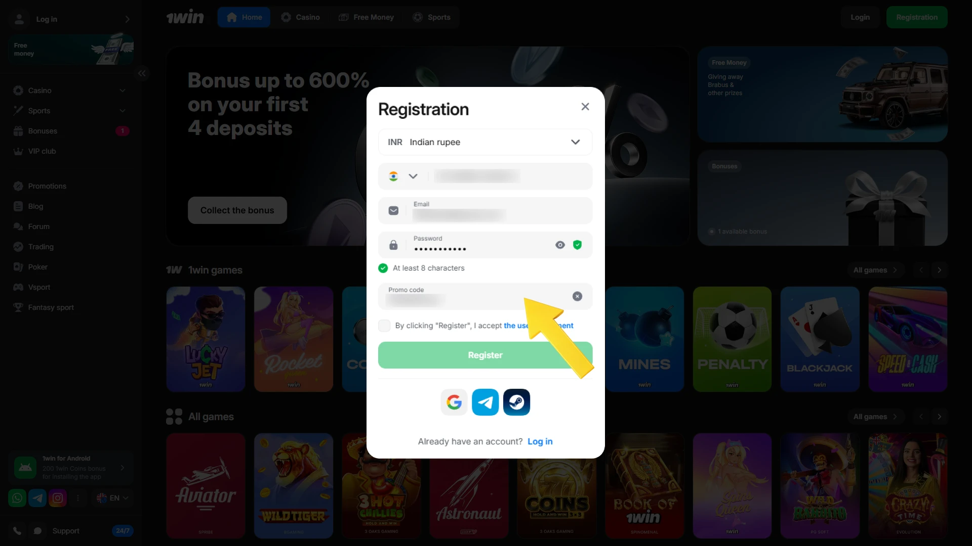 Enter the unique 1win Promo Code during your initial registration process.