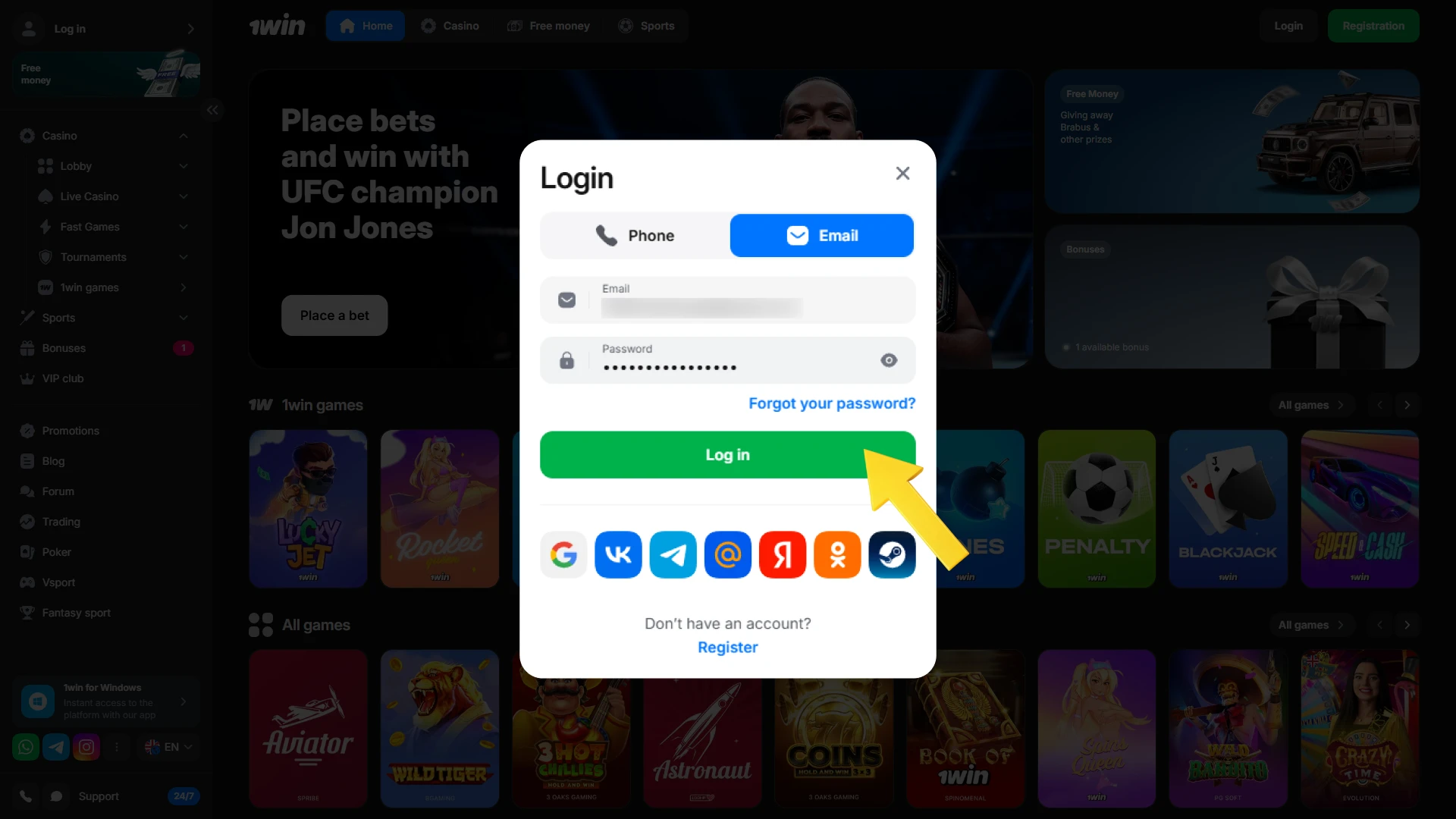 Log In to your personal 1win account and claim Welcome Bonuses.